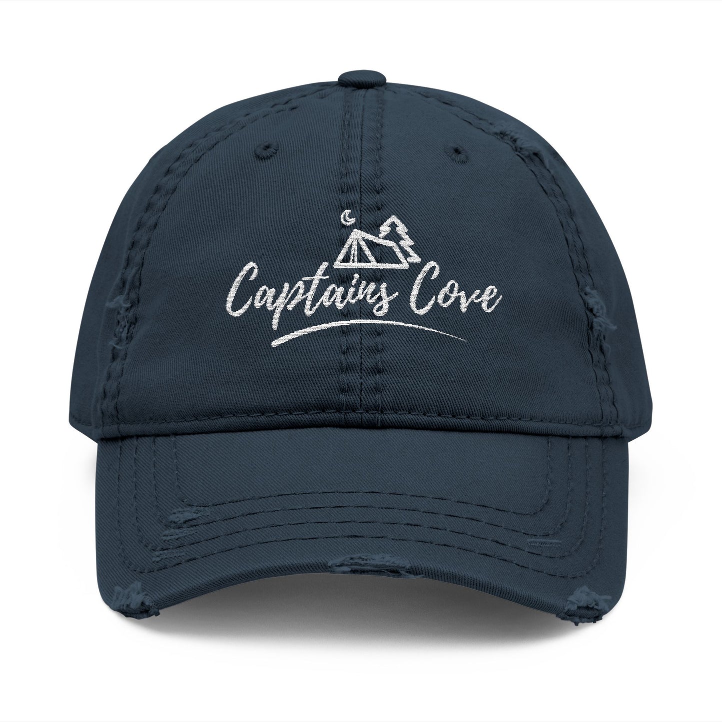 White Distressed Dad Hat - Captains Cove Embroidery for Outdoor Lovers