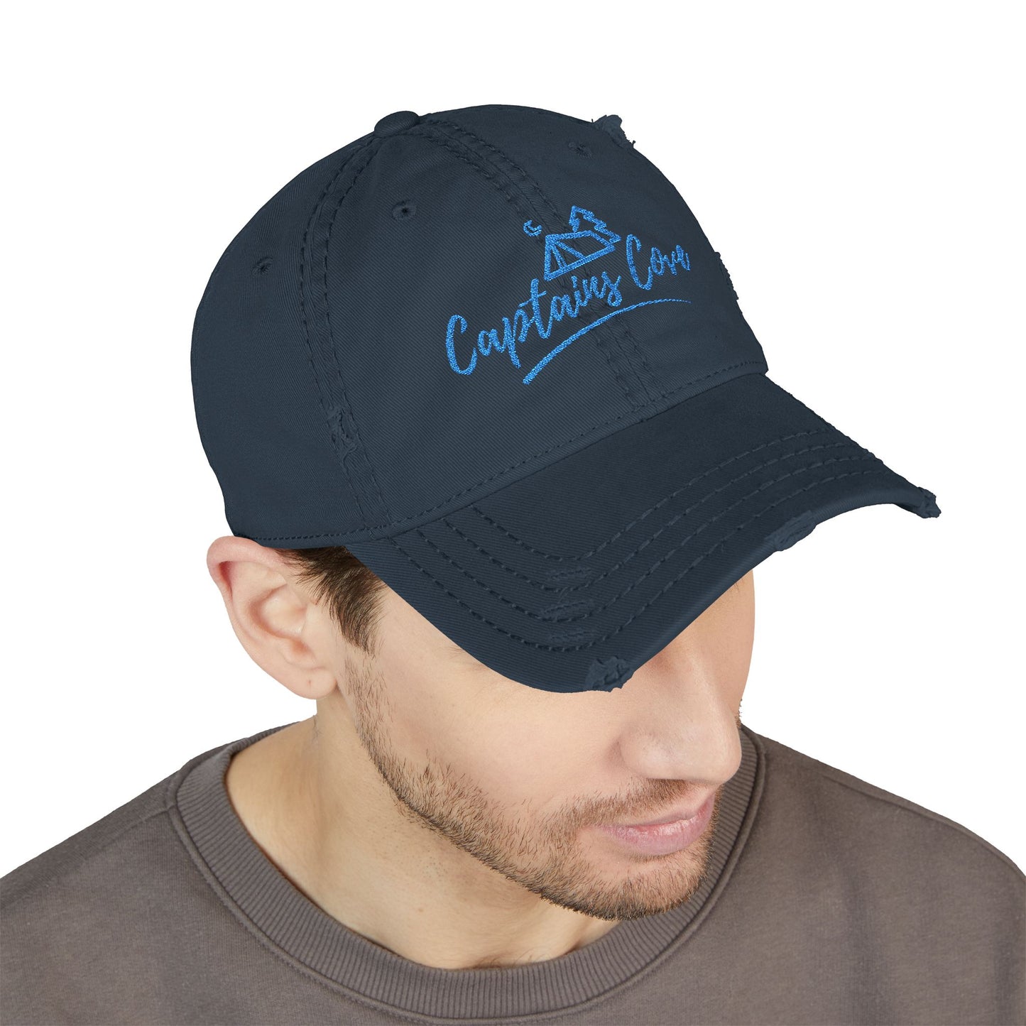 Blue Print Distressed Dad Hat - Captains Cove Embroidery for Outdoor Lovers