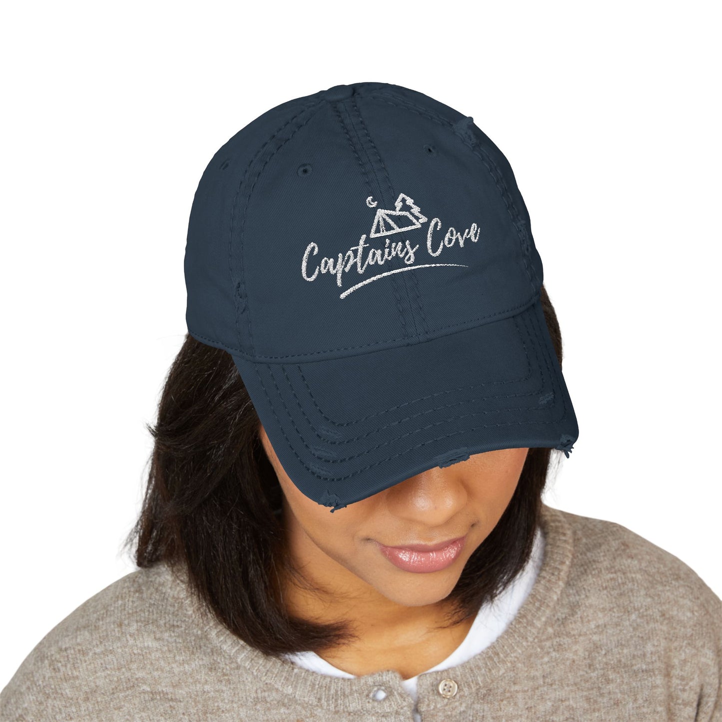 White Distressed Dad Hat - Captains Cove Embroidery for Outdoor Lovers