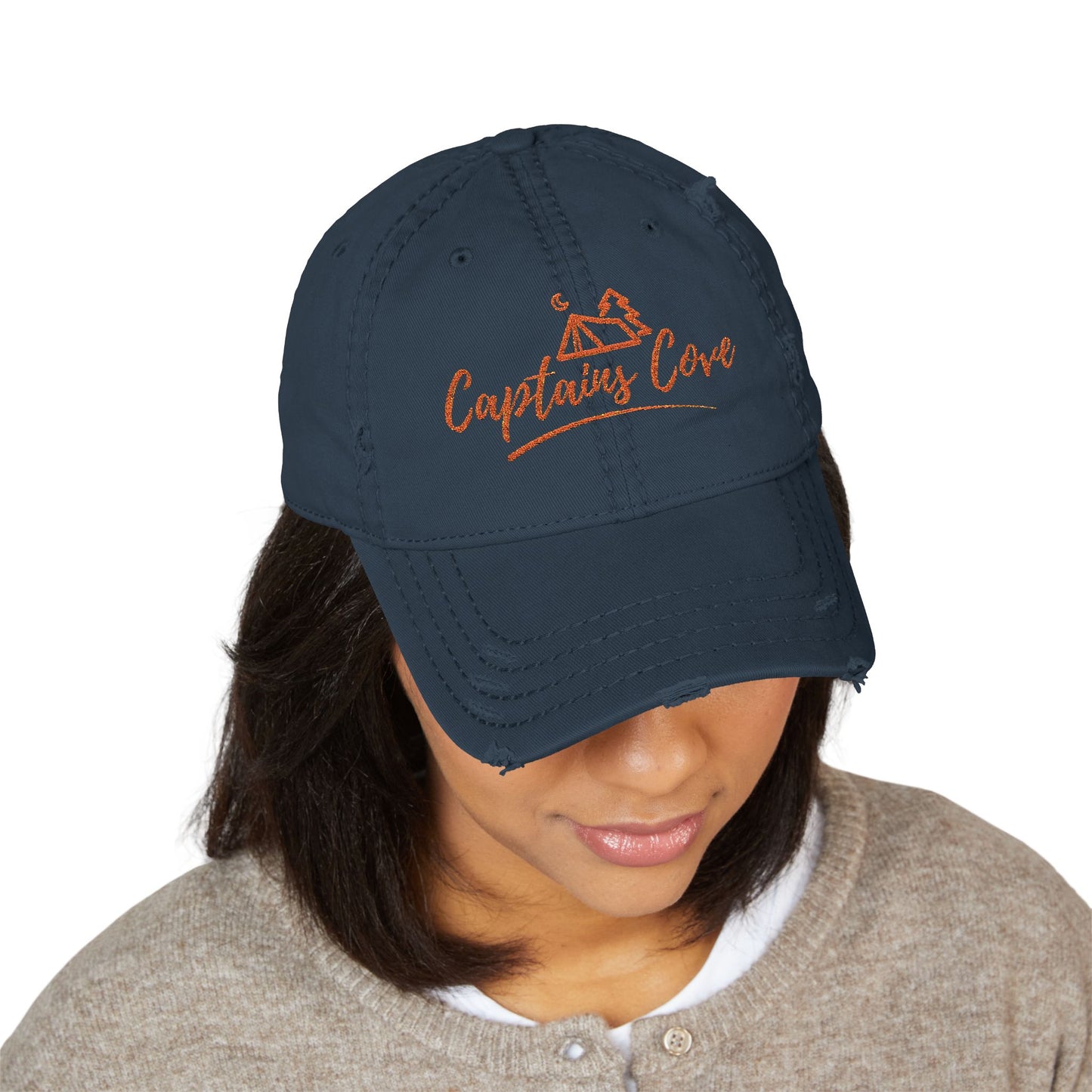 Gold Print Distressed Dad Hat - Captains Cove Embroidery for Outdoor Lovers