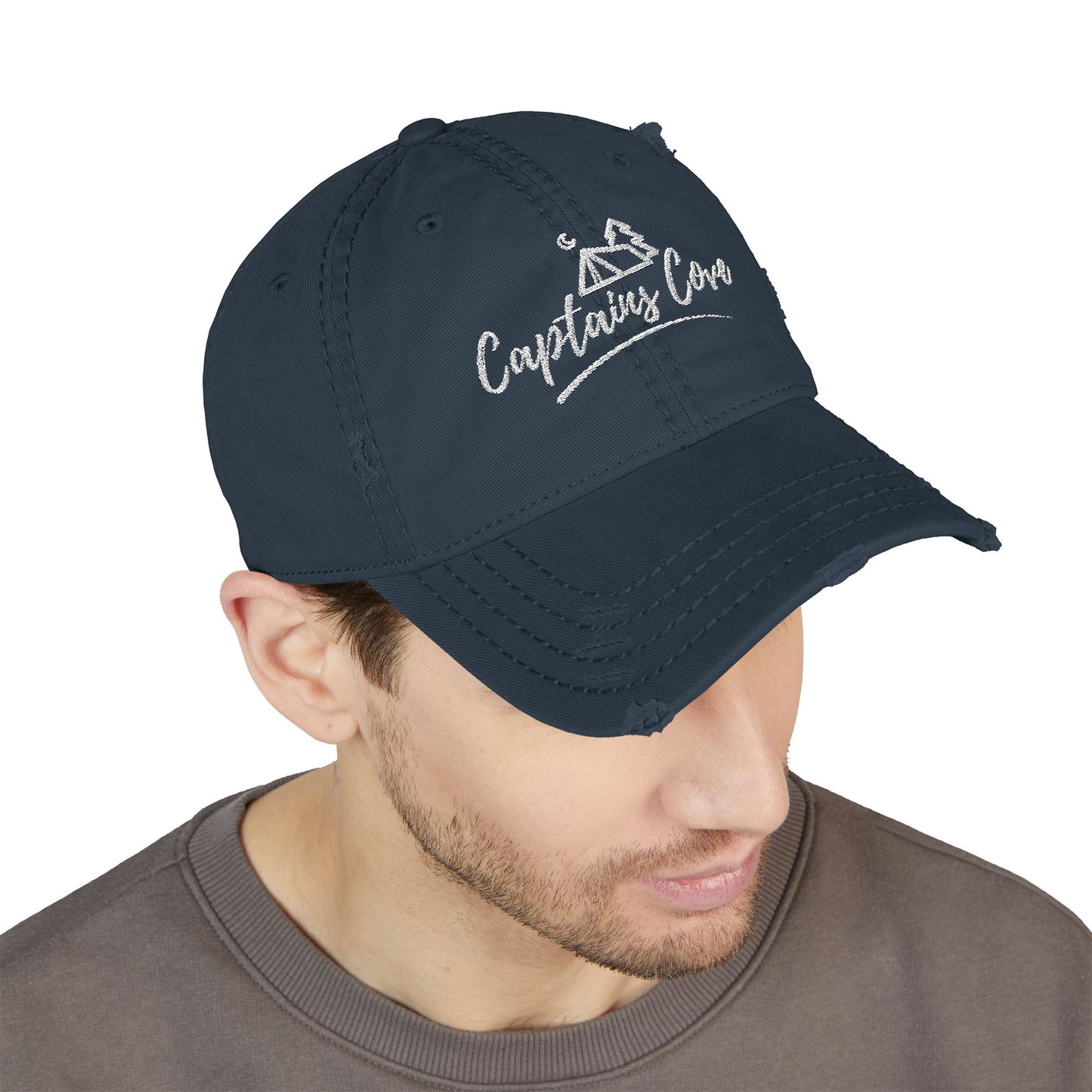 White Distressed Dad Hat - Captains Cove Embroidery for Outdoor Lovers