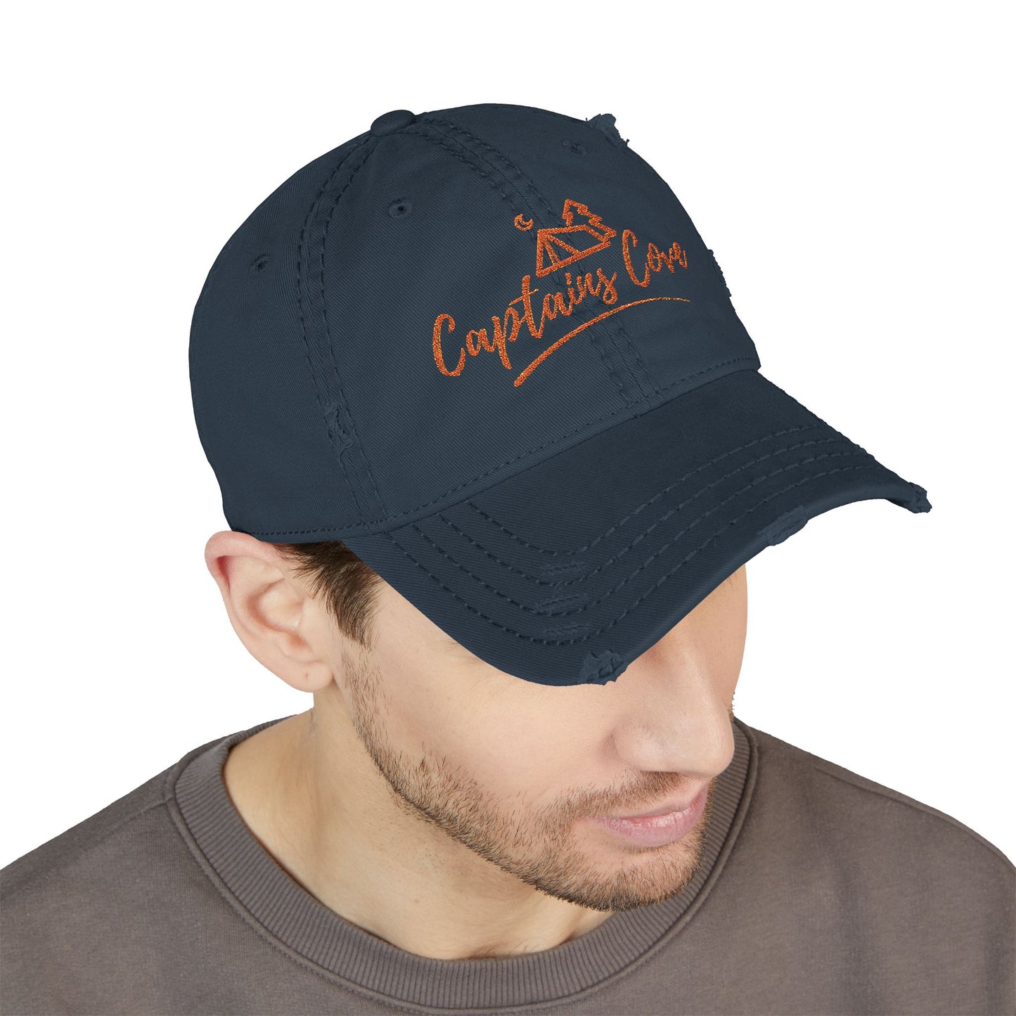 Gold Print Distressed Dad Hat - Captains Cove Embroidery for Outdoor Lovers
