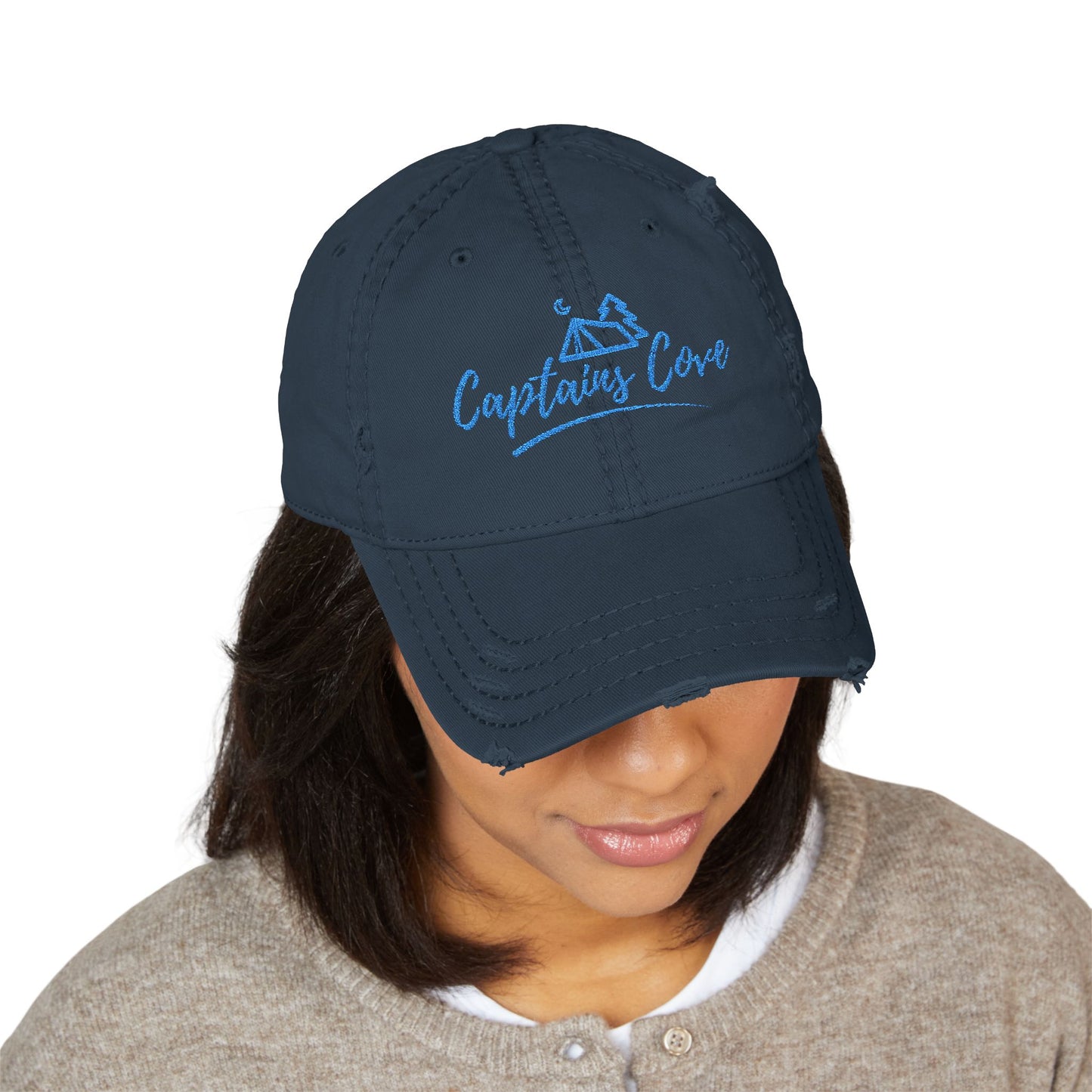 Blue Print Distressed Dad Hat - Captains Cove Embroidery for Outdoor Lovers